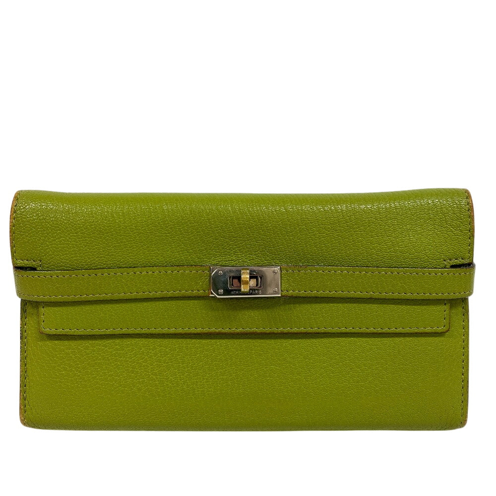 HERMES Long Wallet Purse leather Chevre Anise Green Turn lock Kelly wallet Women