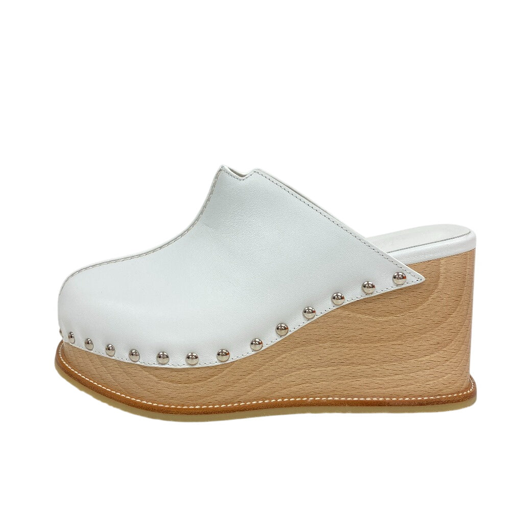 HERMES Sandals leather white Mules Wooden Heels Clogs Studs Women 36