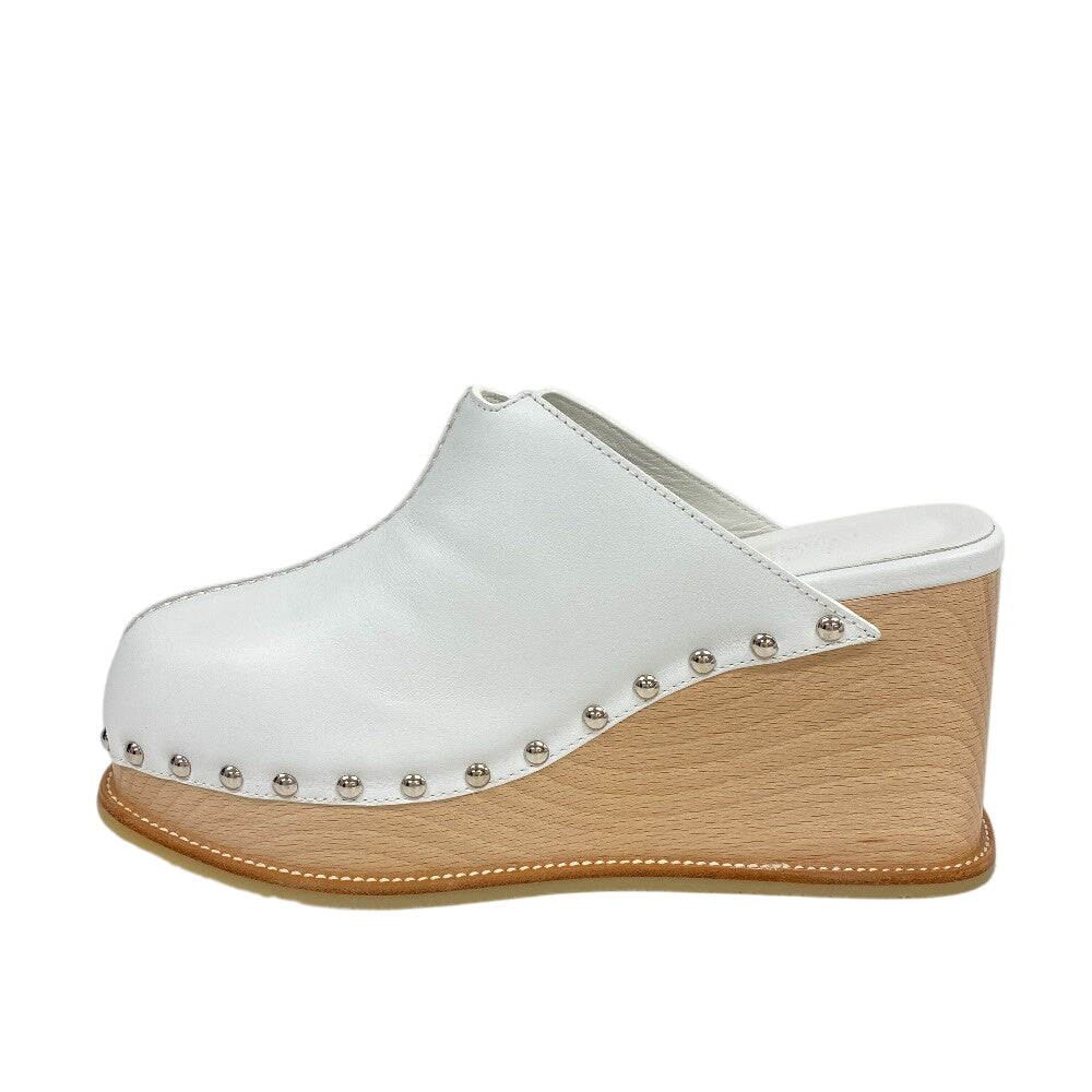 HERMES Sandals leather white Mules Wooden Heels Clogs Studs Women 36