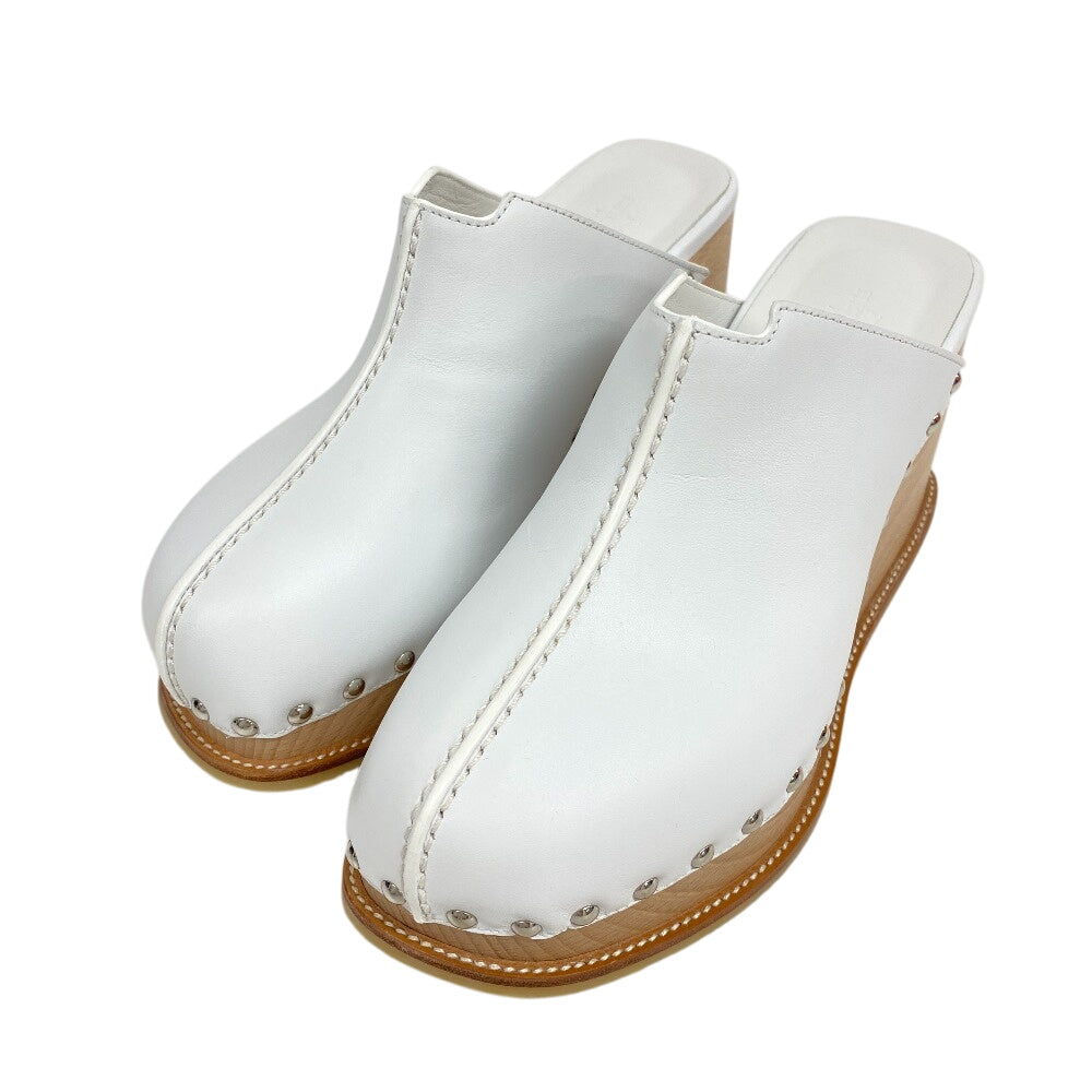 HERMES Sandals leather white Mules Wooden Heels Clogs Studs Women 36