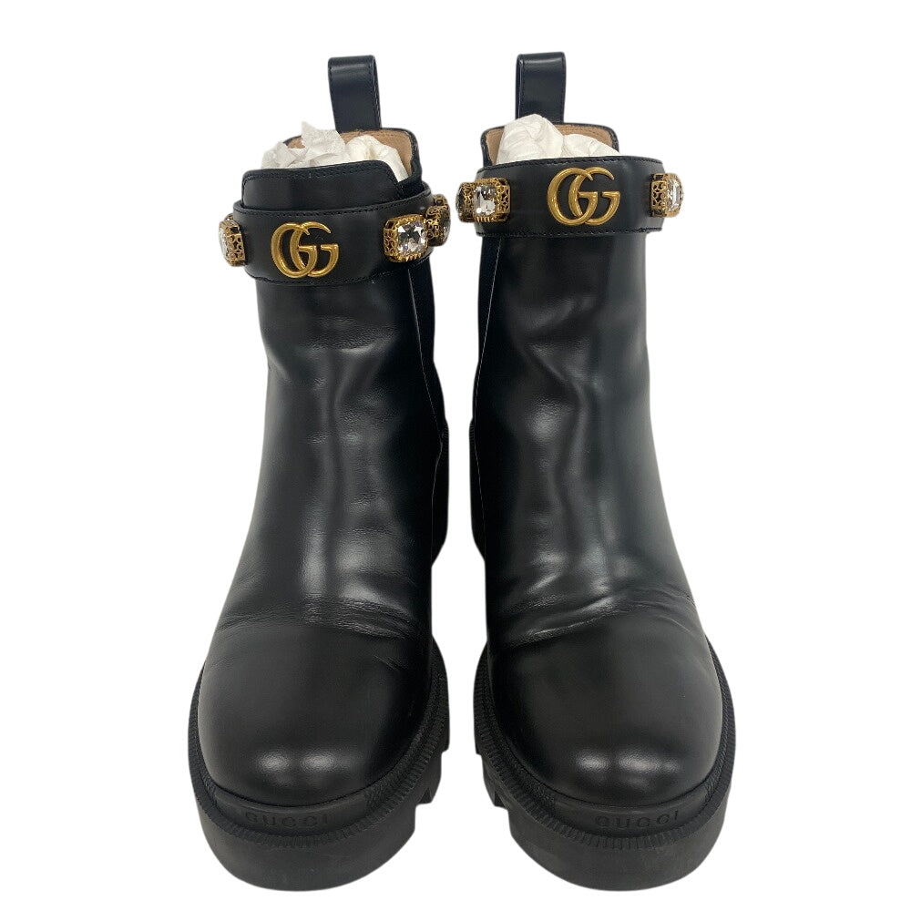 GUCCI boots 550036 leather black Side gore boots GG Marmont Velcro Strap Jewel Women 37