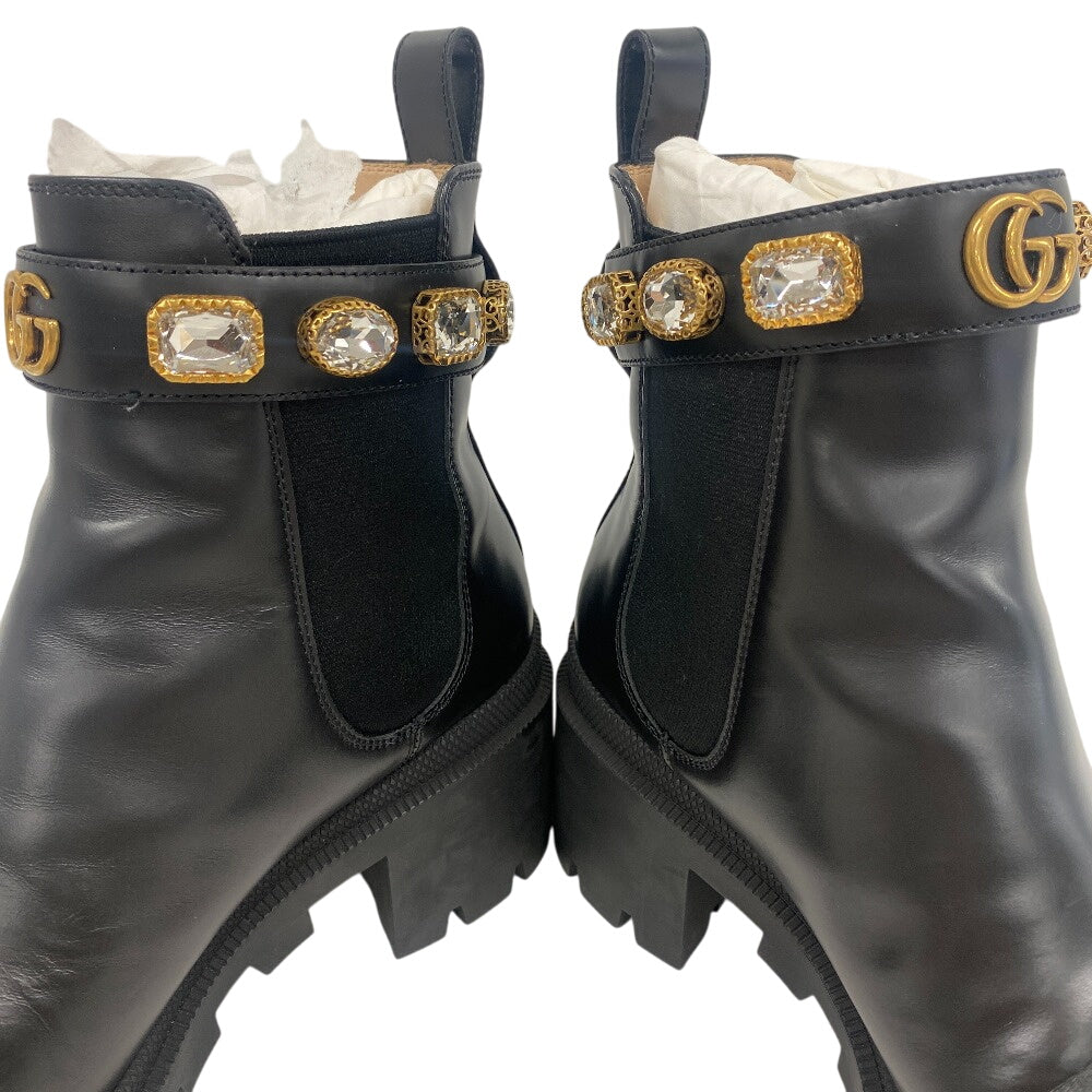 GUCCI boots 550036 leather black Side gore boots GG Marmont Velcro Strap Jewel Women 37