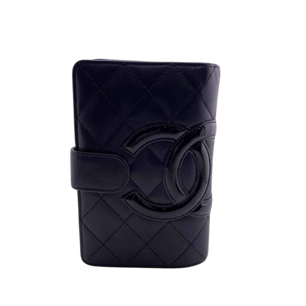 CHANEL Bifold Wallet leather black Compact zip Cambon Women