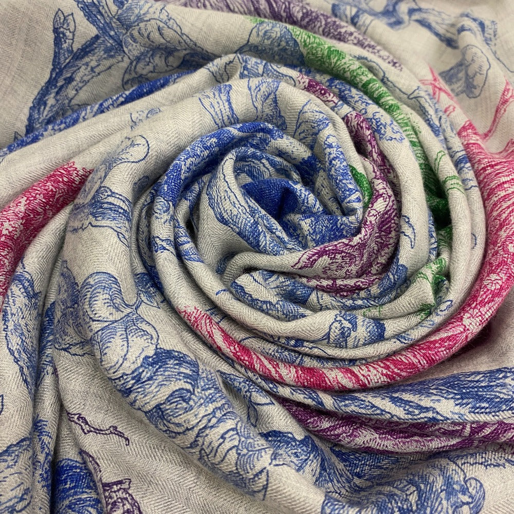 HERMES scarf Cashmere, Silk gray Caregean LES CABANES Various huts Women