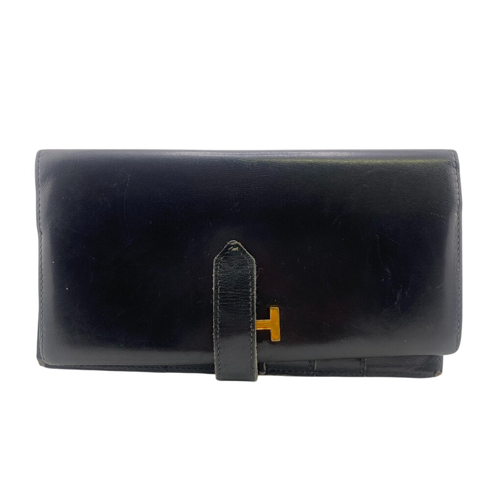 HERMES Long Wallet Purse Box scarf black 1996 Long Wallet Bean classic mens(Unisex)