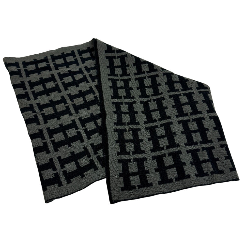 HERMES Scarf wool black H pattern reversible mens