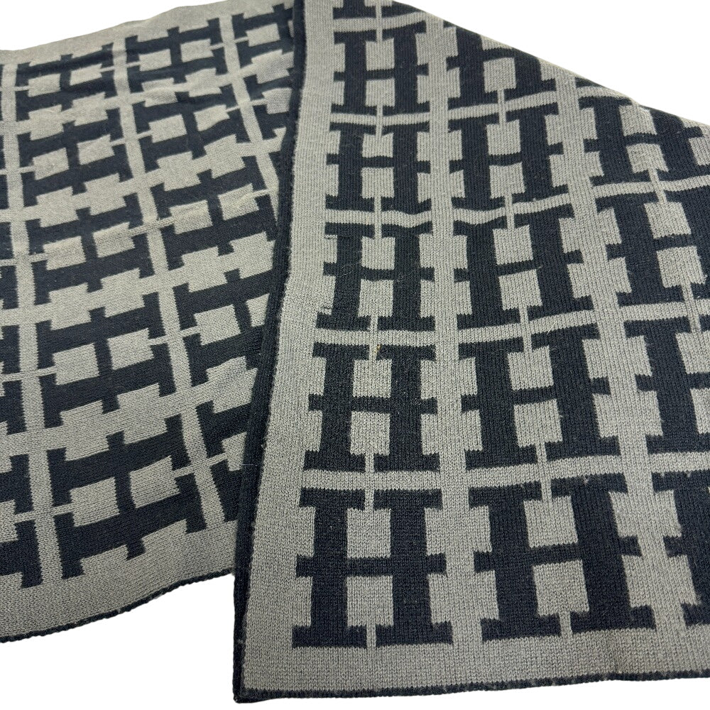 HERMES Scarf wool black H pattern reversible mens