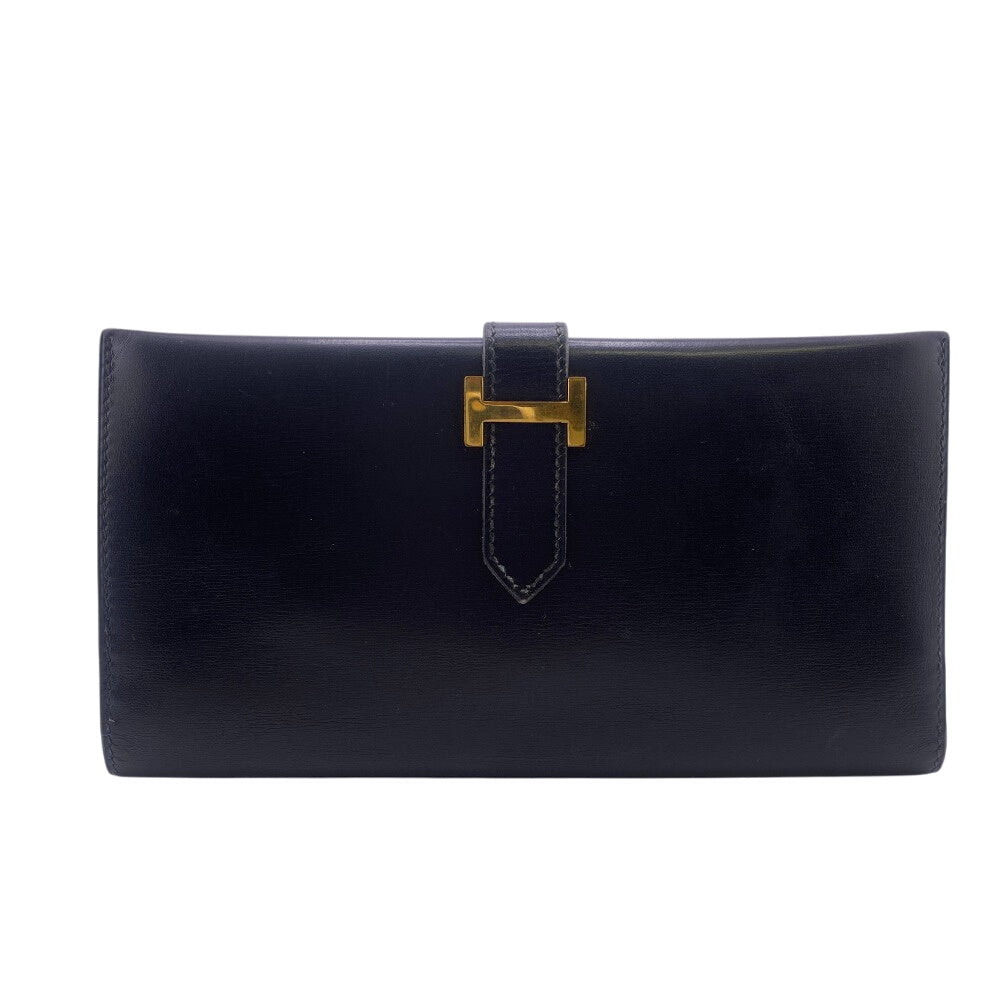 HERMES Long Wallet Purse leather black Long Wallet Purse Baan classic Women
