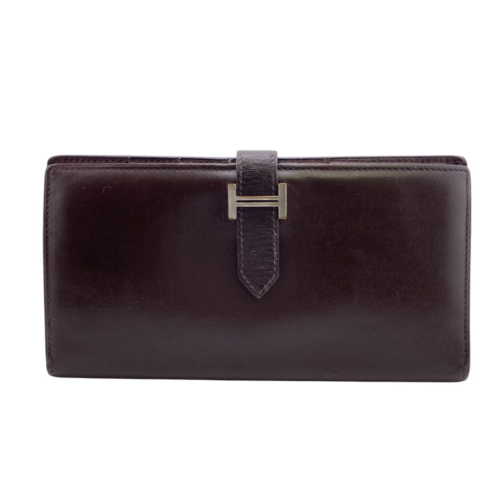 HERMES Long Wallet Purse leather Brown type Bean