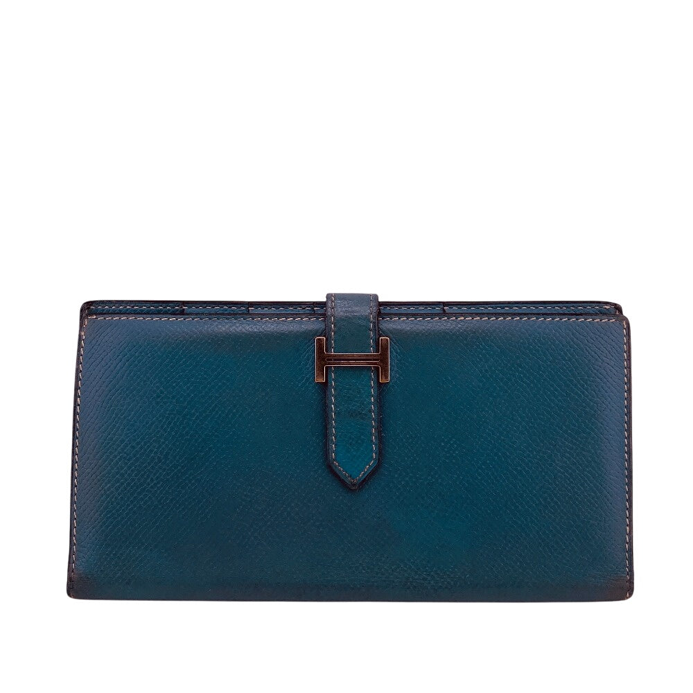 HERMES Long Wallet Purse leather blue Bean
