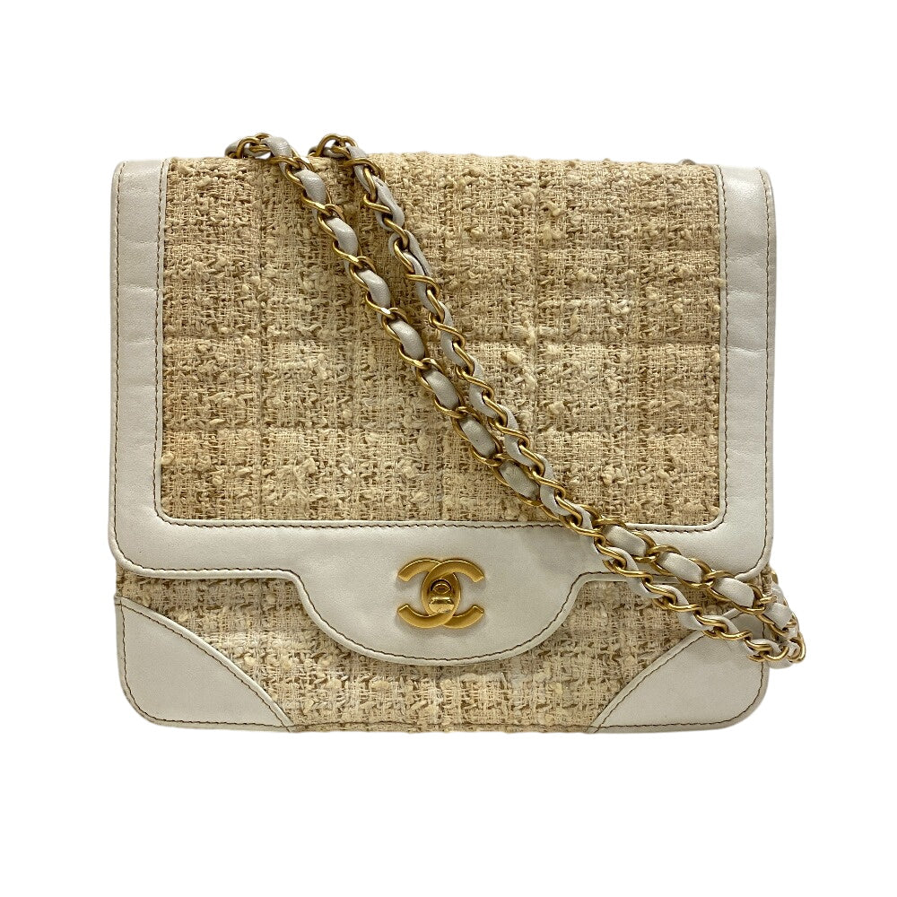 CHANEL Shoulder Bag Tweed, Leather white WChainShoulder COCO Mark Tweed Women