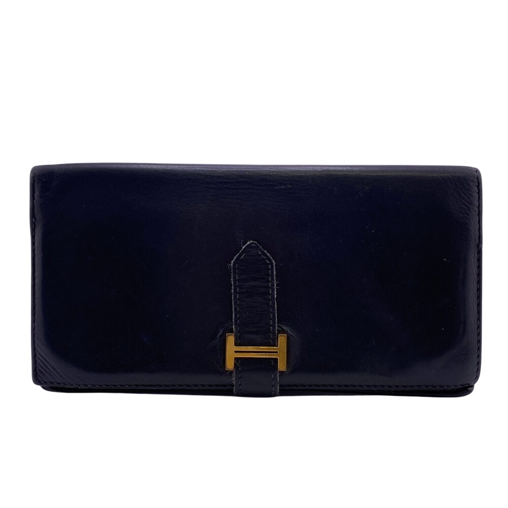 HERMES Long Wallet Purse leather black belt Boxcalf HMetal Bean Women