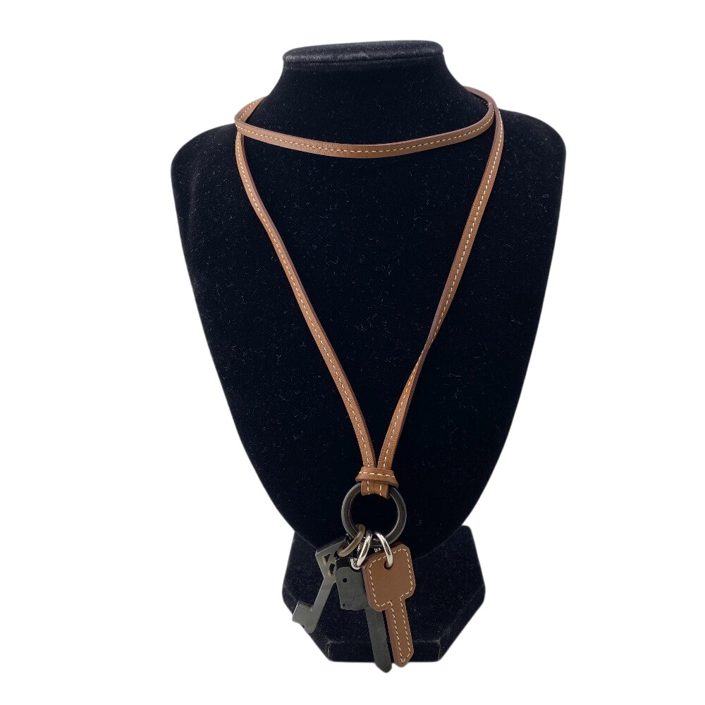 HERMES Necklace Leather, Metal Brown Long necklace Cress Key motif key charm Women(Unisex)