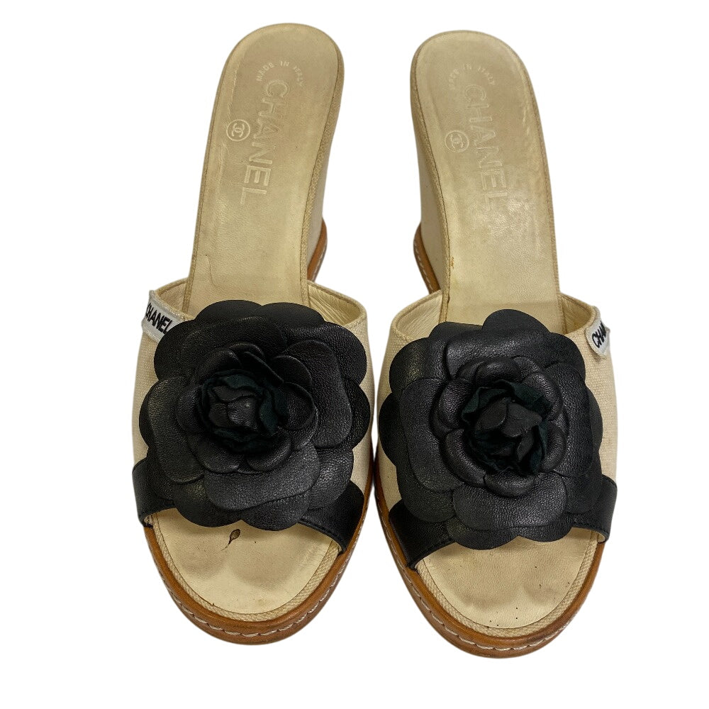 CHANEL Sandals G25948 Canvas, Leather beige Camelia 38 1/2