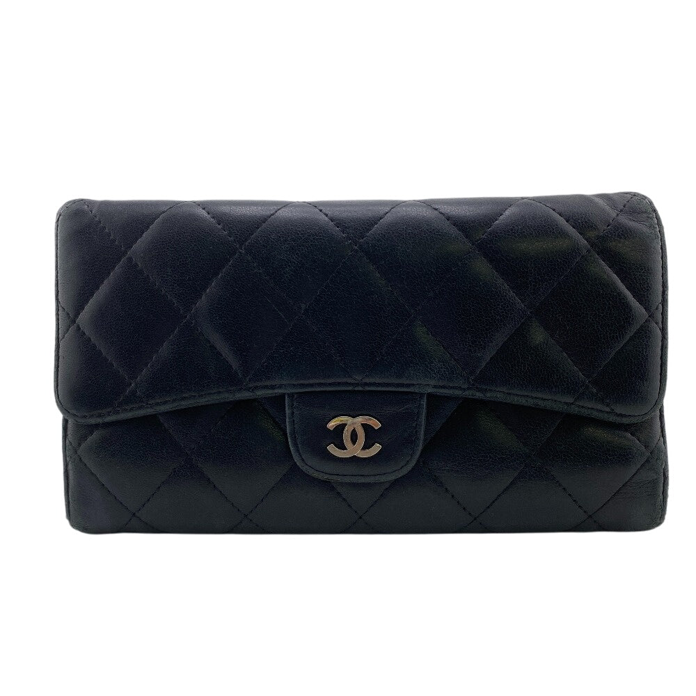 CHANEL Long Wallet Purse leather black Matrasse