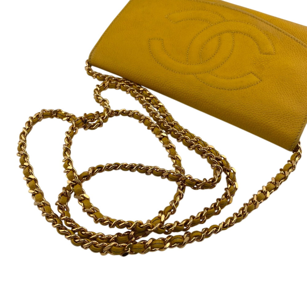 CHANEL Long Wallet Purse Caviar skin yellow COCO Mark
