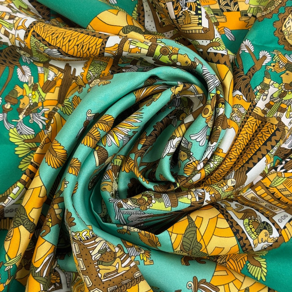 HERMES scarf silk green ASTRES et SOLEILS Celestial bodies and the sun Carre90