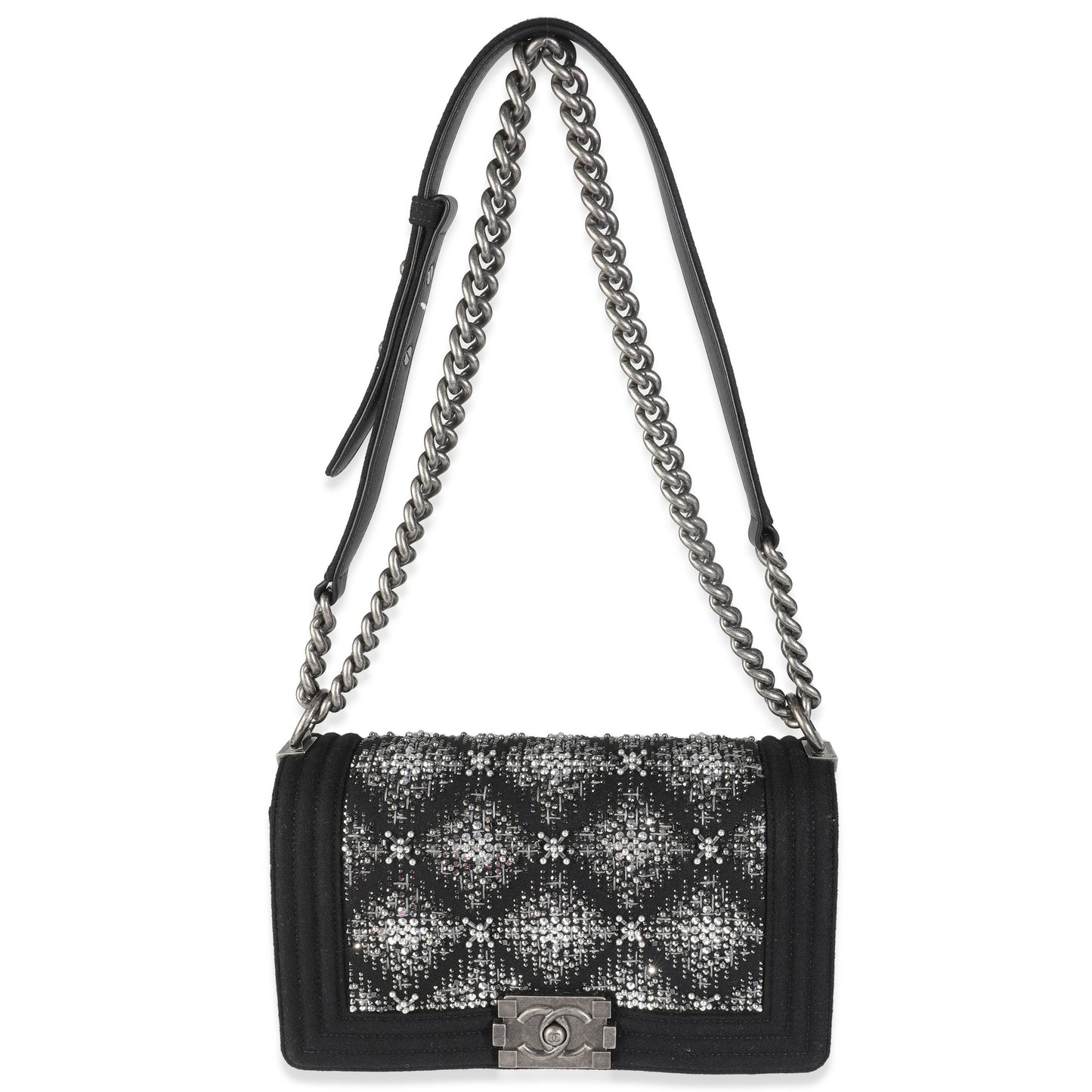 Chanel Black Jersey Strass Old Medium Boy Bag
