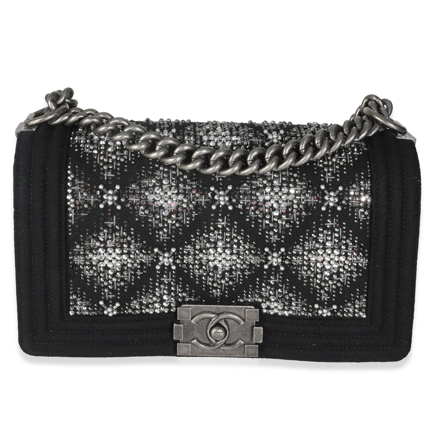 Chanel Black Jersey Strass Old Medium Boy Bag