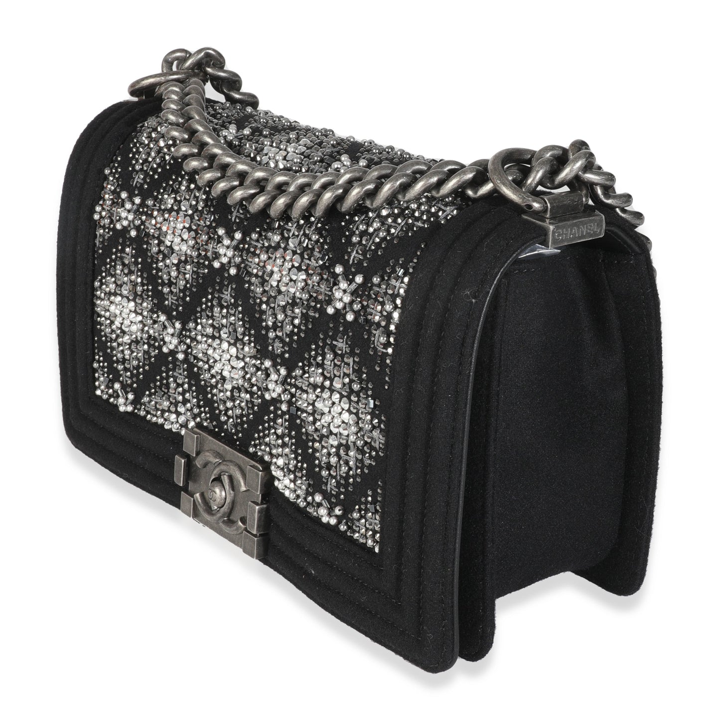 Chanel Black Jersey Strass Old Medium Boy Bag