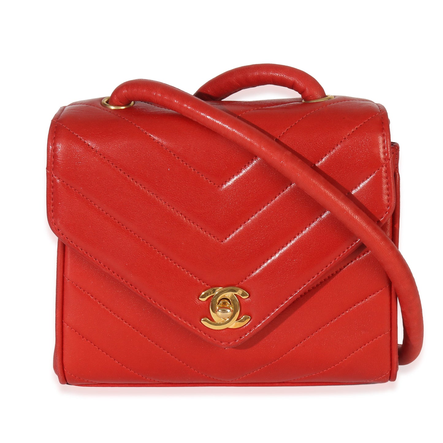 Chanel Vintage 24K Red Chevron Lambskin CC Square Flap Bag