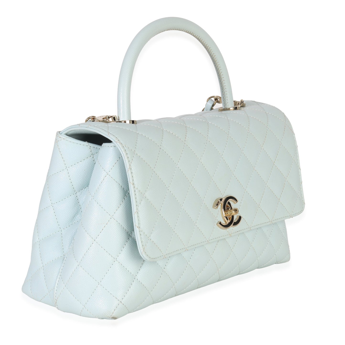 Chanel Light Blue Quilted Caviar Medium Coco Top Handle Handbag