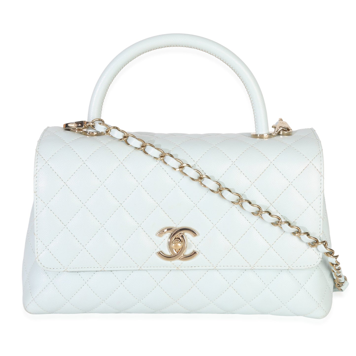 Chanel Light Blue Quilted Caviar Medium Coco Top Handle Handbag
