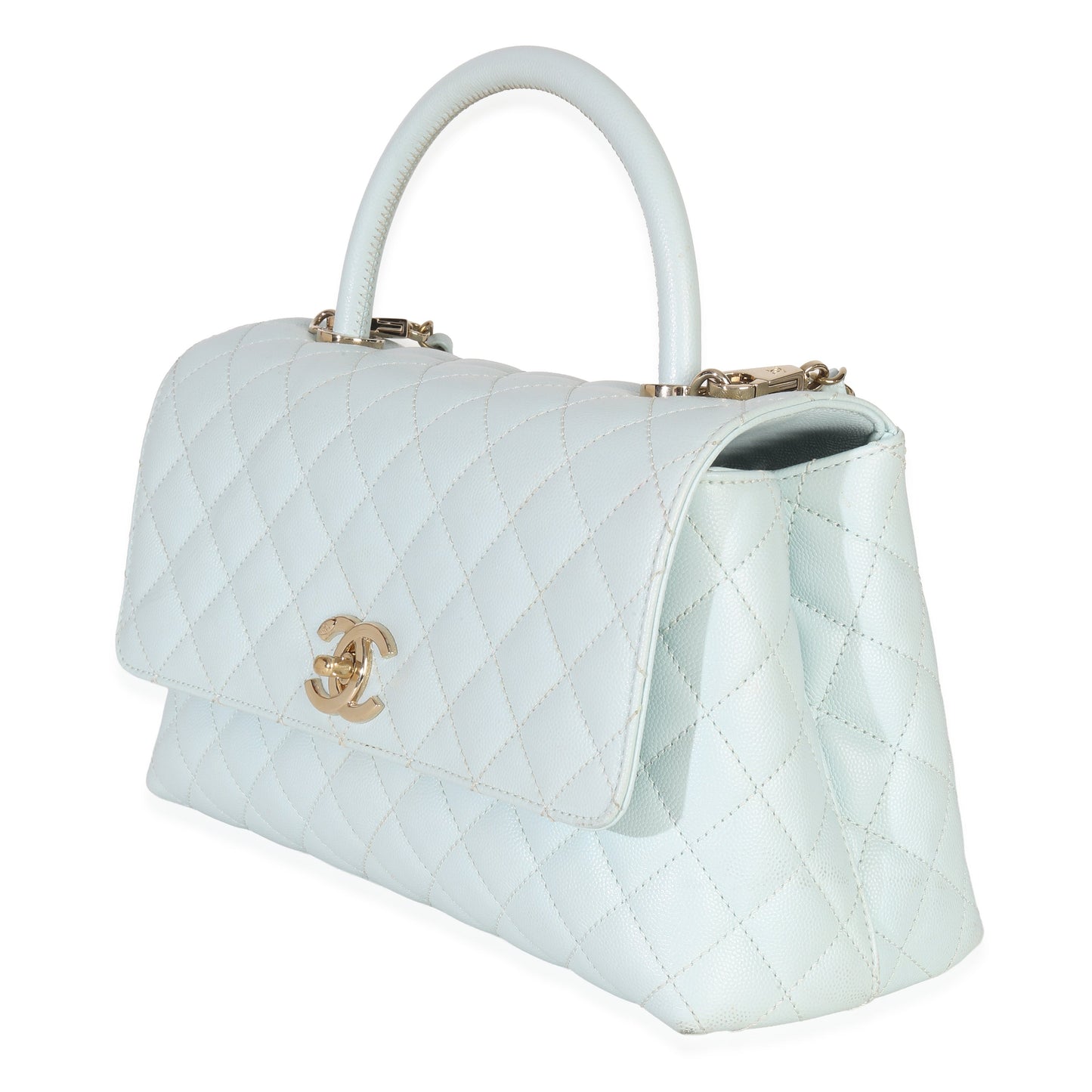 Chanel Light Blue Quilted Caviar Medium Coco Top Handle Handbag