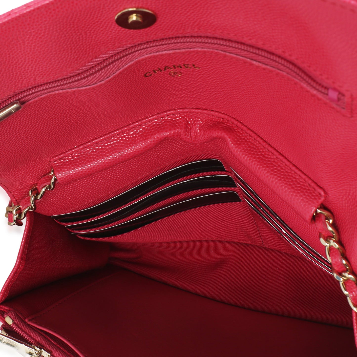 Chanel Dark Pink Quilted Caviar Wallet On Chain