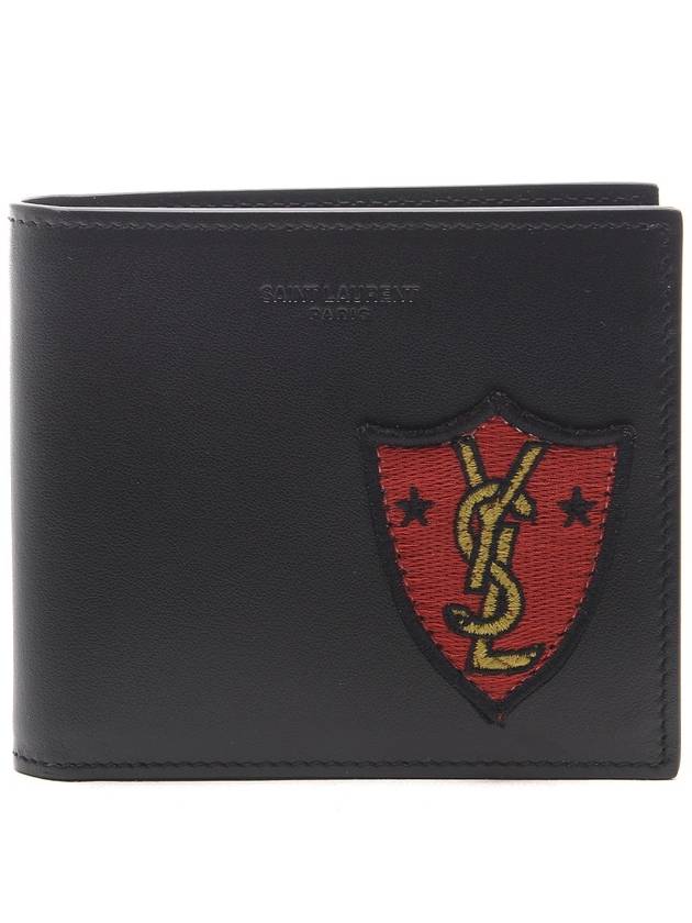 Luxury Saint Laurent Trending 2025 Embroidery Shield Logo Half Wallet Black