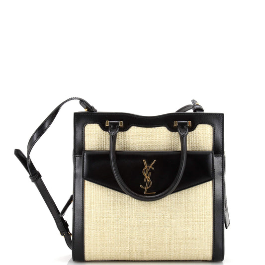Luxury Saint Laurent Trending 2025 Uptown Tote Raffia with Leather Small