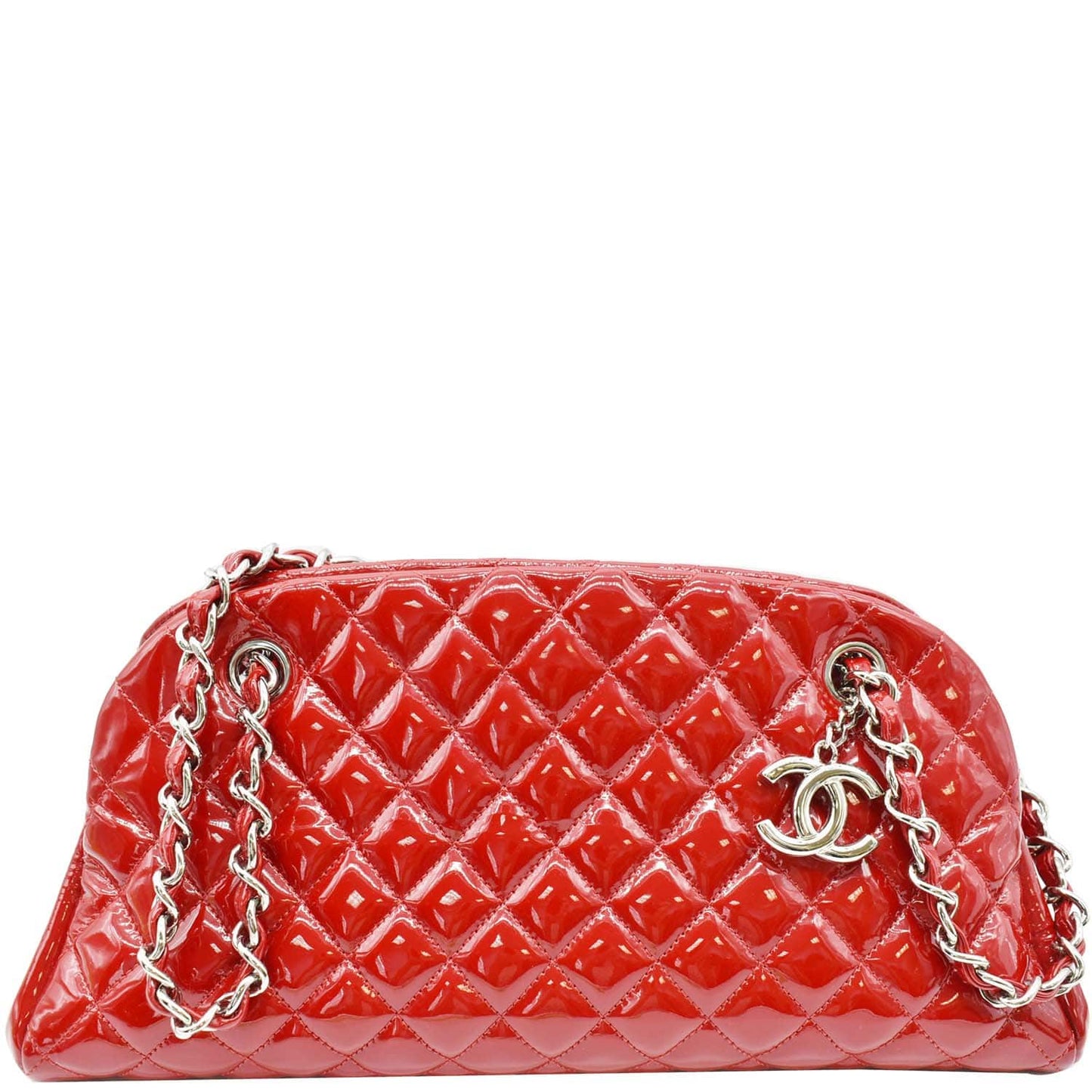CHANEL Just Mademoiselle Patent Leather Bowling Bag Red