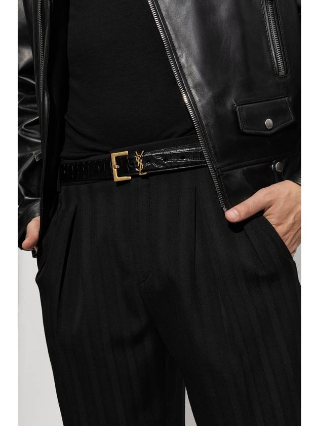 Luxury Saint Laurent Trending 2025 Cassandra Square Crocodile Leather Buckle Belt Black