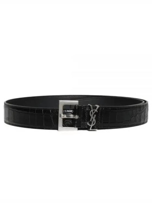 Luxury Saint Laurent Trending 2025 Monogram Crocodile Leather Belt Black