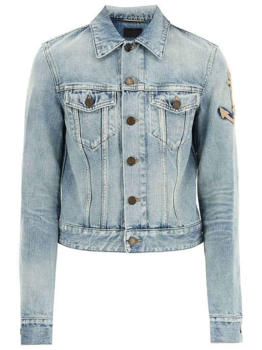 Luxury Saint Laurent Trending 2025 Anchor Embroidered Denim Jacket Blue