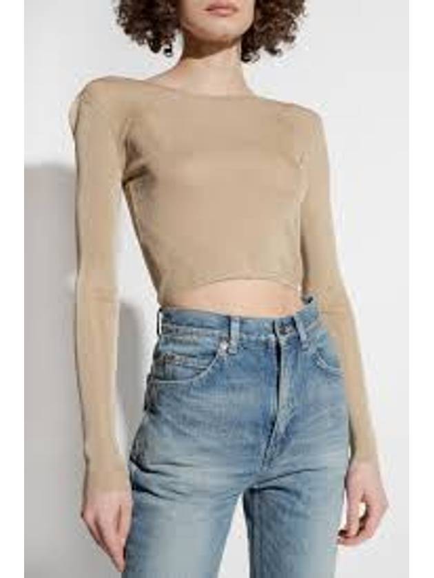 Luxury Saint Laurent Trending 2025 Rib Detail Viscose Crop Long Sleeve T-Shirt Beige