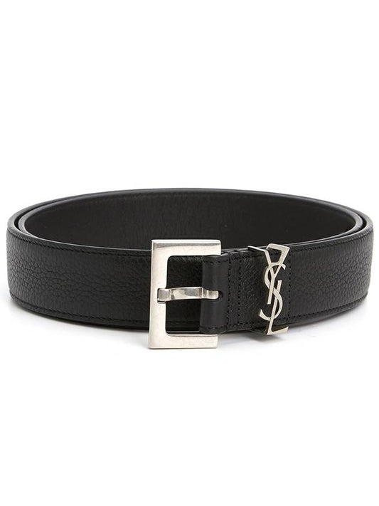 Luxury Saint Laurent Trending 2025 Grained Leather Silver Monogram Belt Black