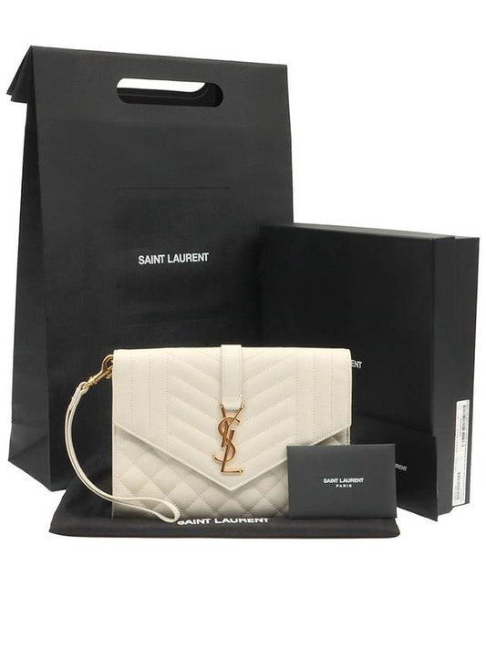 Luxury Saint Laurent Trending 2025 Blanc Vintage White Grande Poudre Embossed Gold Monogram Envelope Strap Clutch