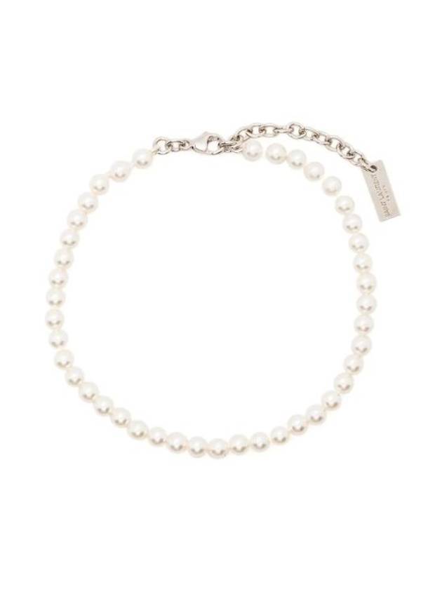 Luxury Saint Laurent Trending 2025 Logo Plaque Glass Pearl Bracelet Cream
