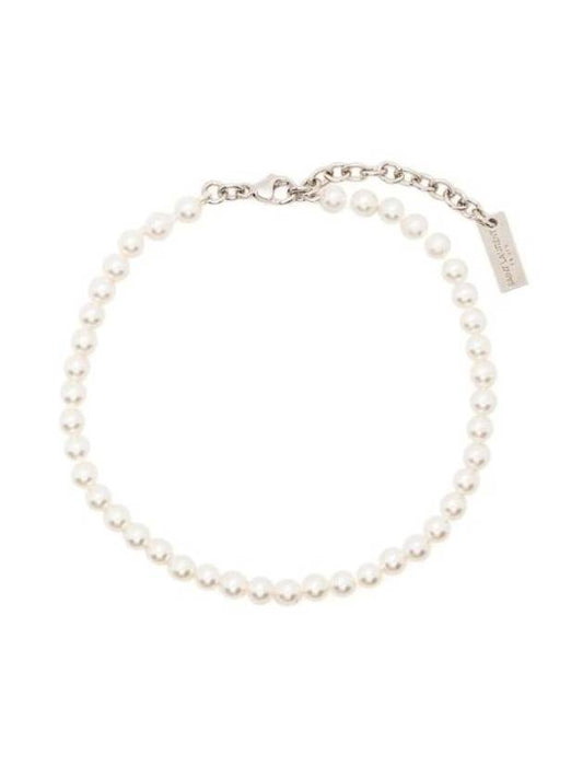 Luxury Saint Laurent Trending 2025 Logo Plaque Glass Pearl Bracelet Cream