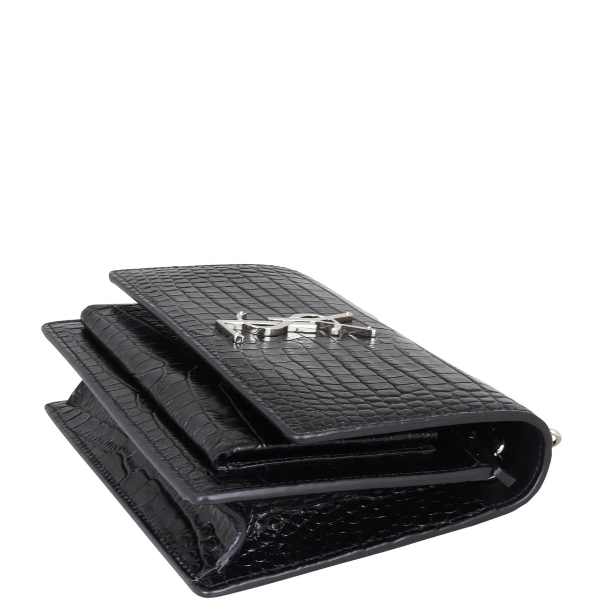 Saint Laurent Sunset Chain Wallet Croc Embossed