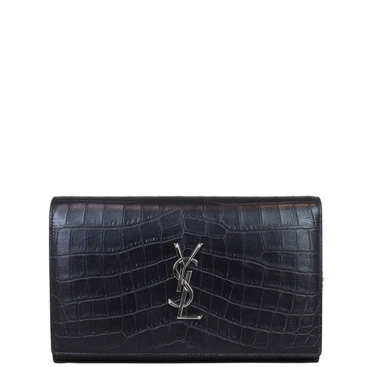 Saint Laurent Cassandre Chain Wallet Croc-Embossed