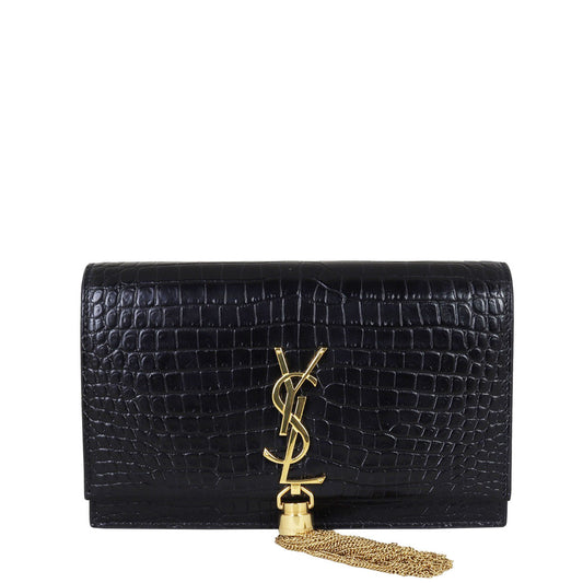 Saint Laurent Kate Tassel Chain Wallet Croc-Embossed