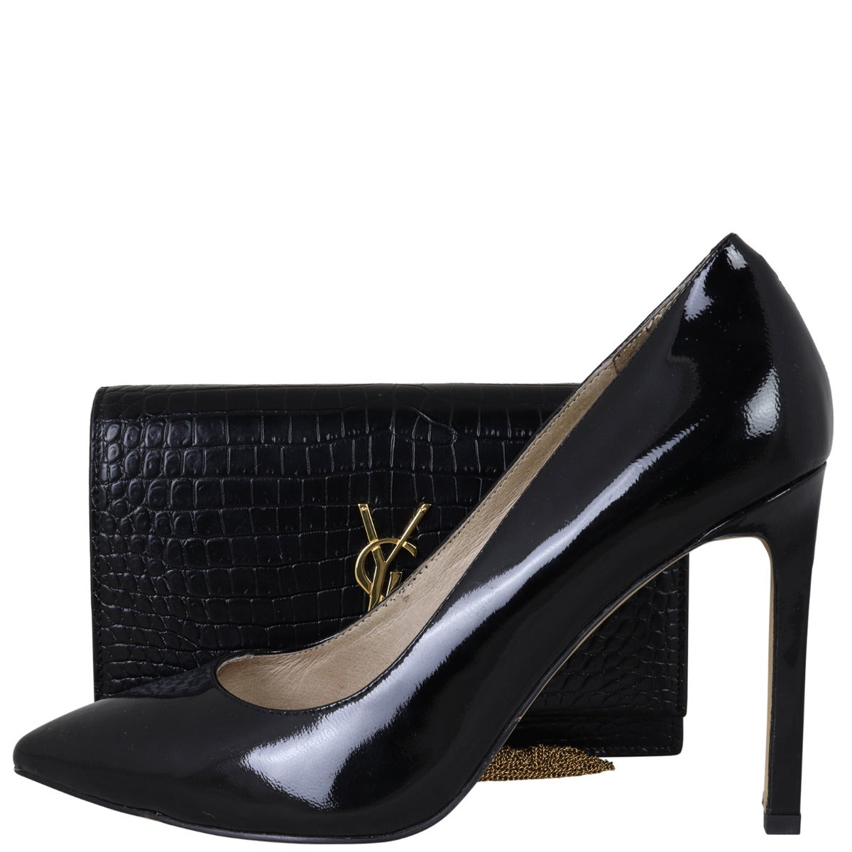 Saint Laurent Kate Tassel Chain Wallet Croc-Embossed