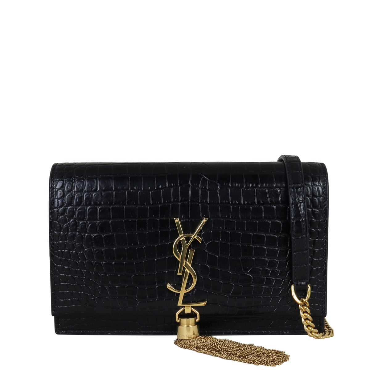 Saint Laurent Kate Tassel Chain Wallet Croc-Embossed