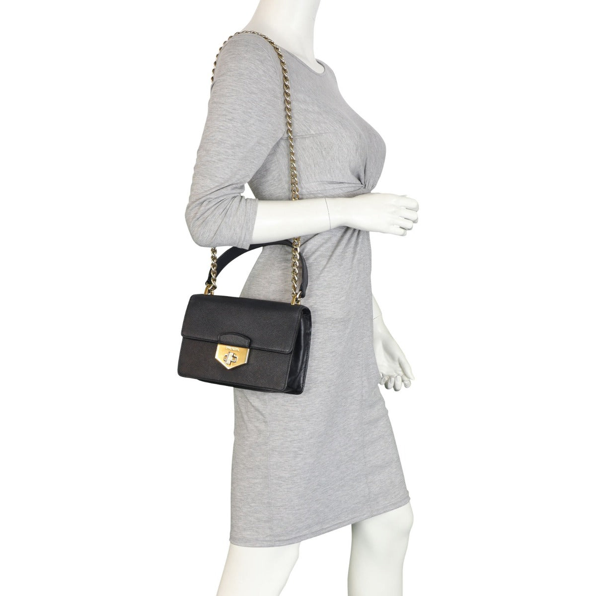 Prada Saffiano Turn Lock Chain Shoulder Bag