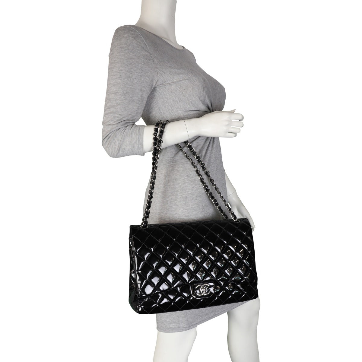 Chanel Classic Double Flap Maxi Patent |  Black Quilted Patent Leather