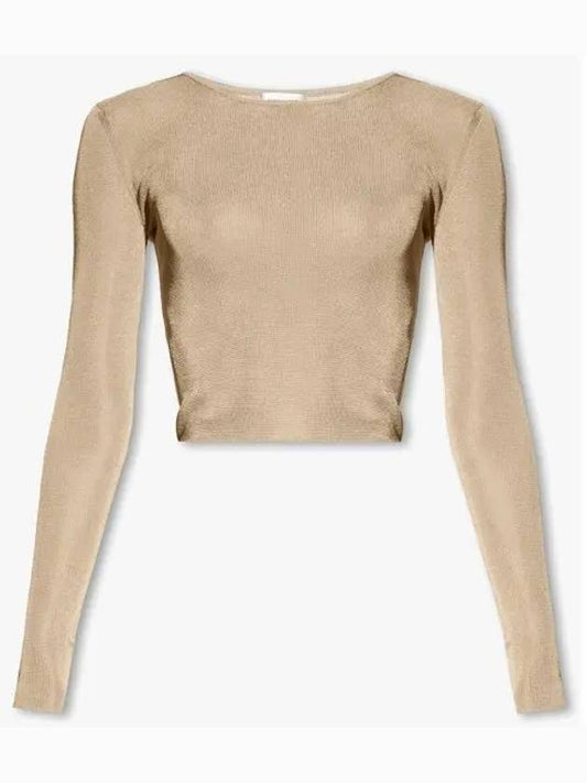 Luxury Saint Laurent Trending 2025 Rib Detail Viscose Crop Long Sleeve T-Shirt Beige