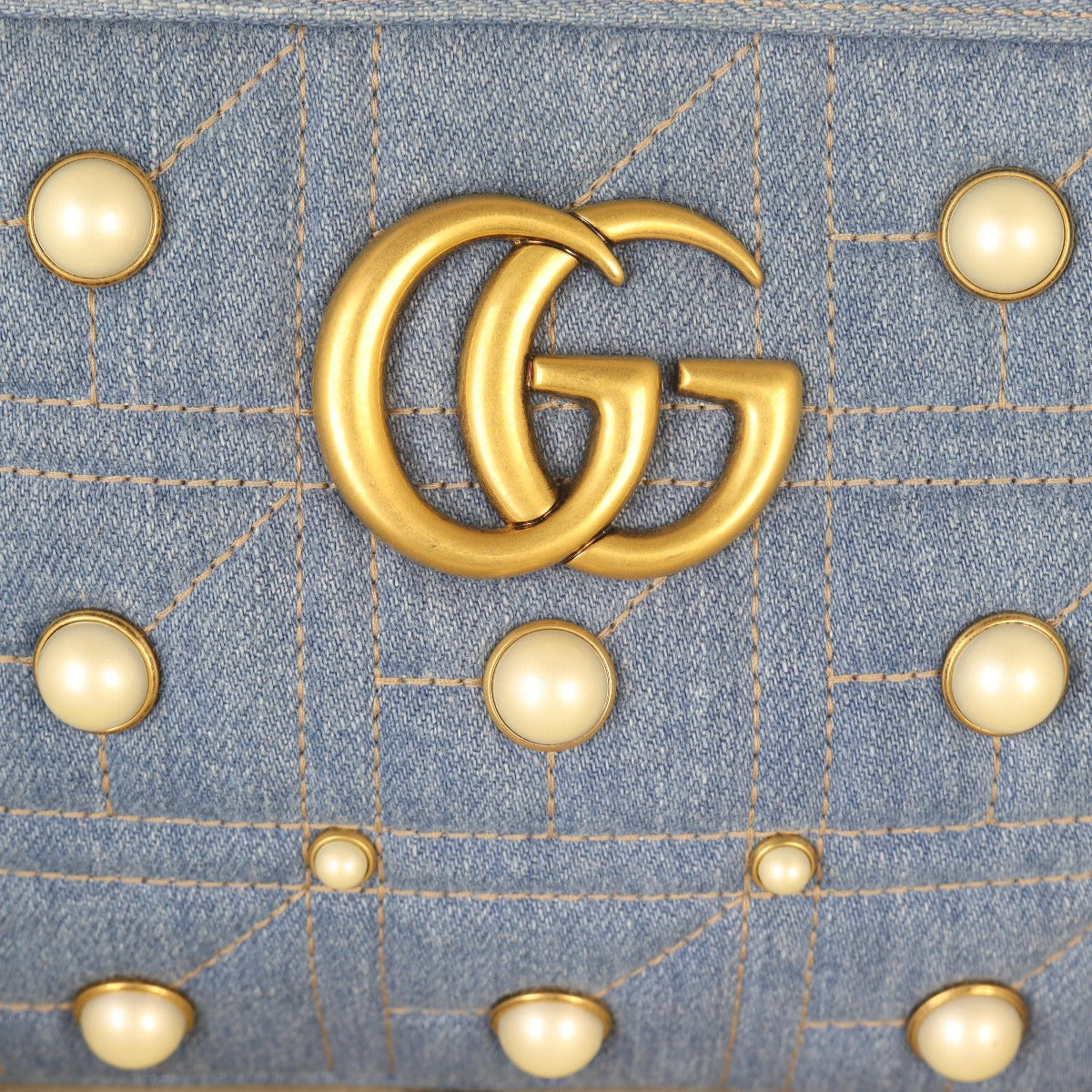 Gucci GG Marmont Small Camera Bag Denim Pearl Studded