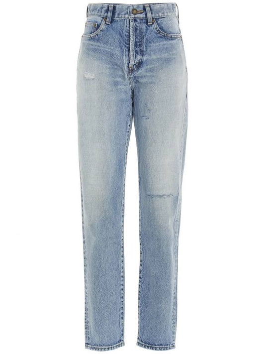 Luxury Saint Laurent Trending 2025 Women's Destroyed Washing Denim Jeans Light Blue